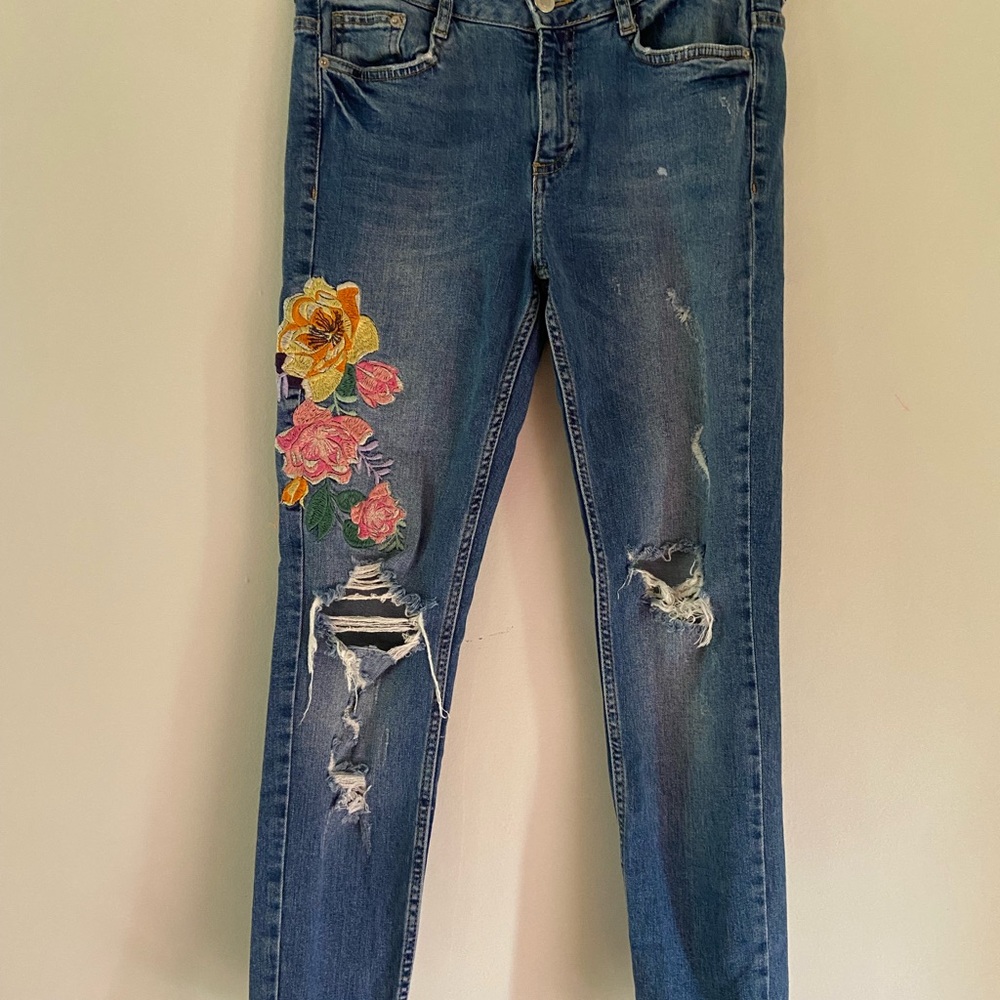 Zara Blue Skinny Jeans with Yellow Floral Embroidery
